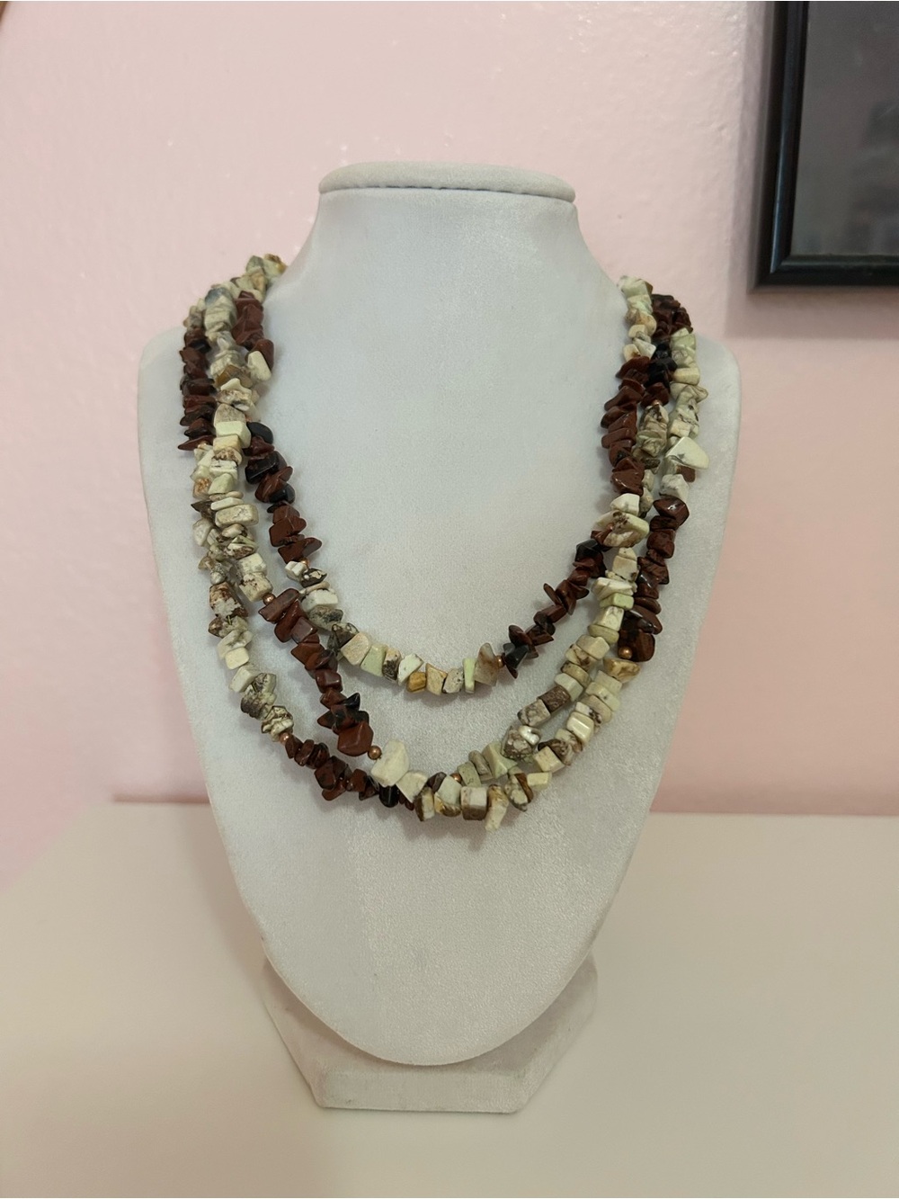 Vintage 1980’s Natural Stone Chip Multi-Strand Necklace in Cream and Brown